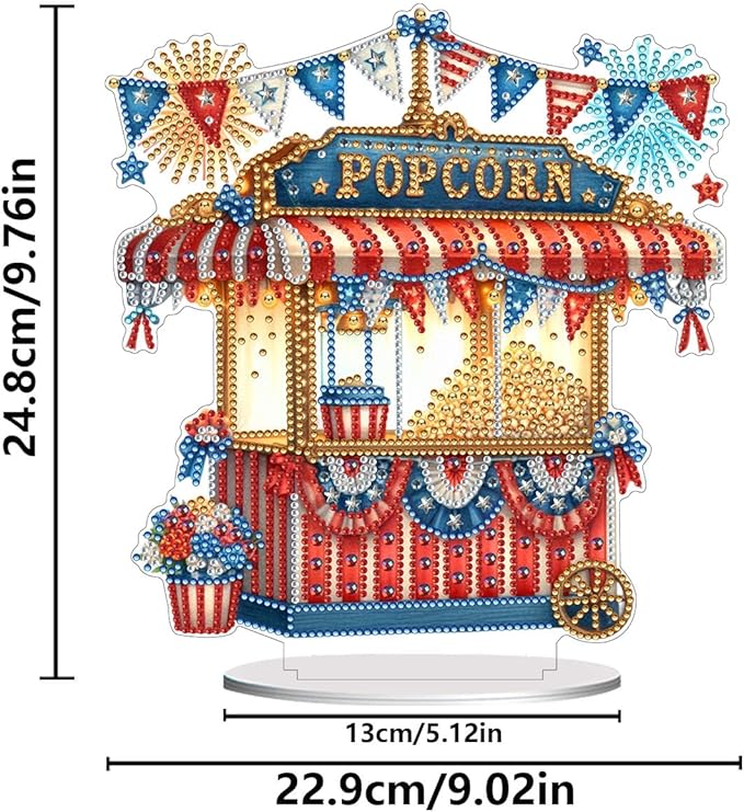 ARTopet DIY Diamond Desktop Ornament US Independence Day Special Shaped Crystal Double Sided Pattern Single Sided Diamond Art Painting Tabletop Home Ornaments Decor-Popcorn Stand