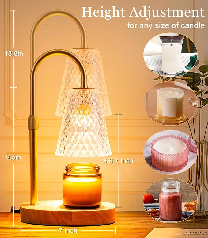 Candle Warmer Lamp Electric Timer - Candles Wax Warmers Glass Lamps for Jar Candles Burner No Flame Scented Melting Warming Lantern Adjustable Height Dimmable Light with 2 Bulb for Home Living Bedroom