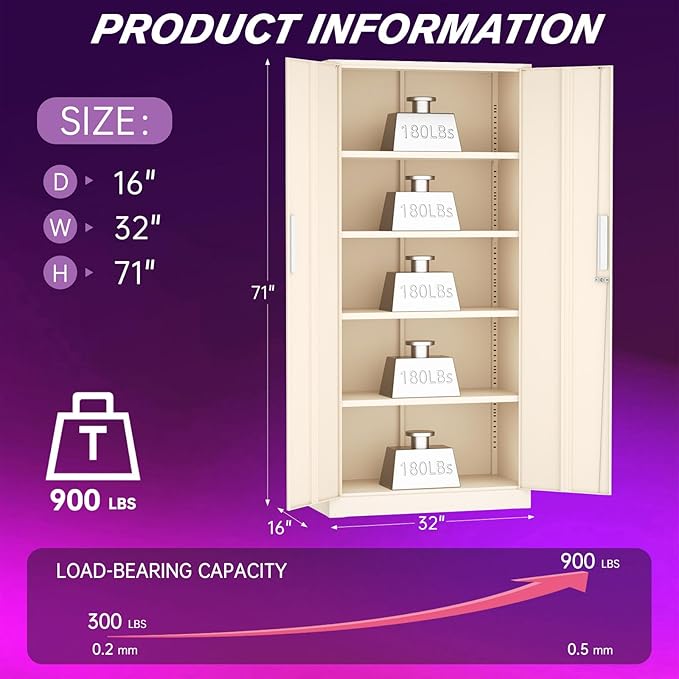 Superday Metal Storage Cabinets, 71" Storage Cabinet with Locking Door, Tall Garage Cabinet with 2 Doors and 4 Adjustable Shelves for Home Office, Classroom, Easy Assemble((Putty)
