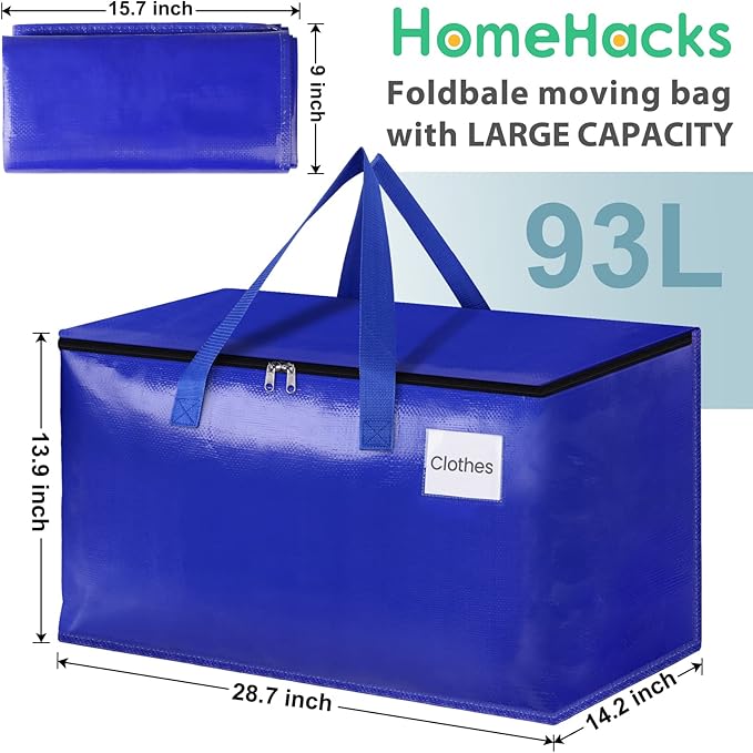HomeHacks Moving Bags Heavy Duty with Strong Zippers and Handles Collapsible Moving Supplies, Storage Totes for Packing & Moving Storing 93L,10-Pack, Blue