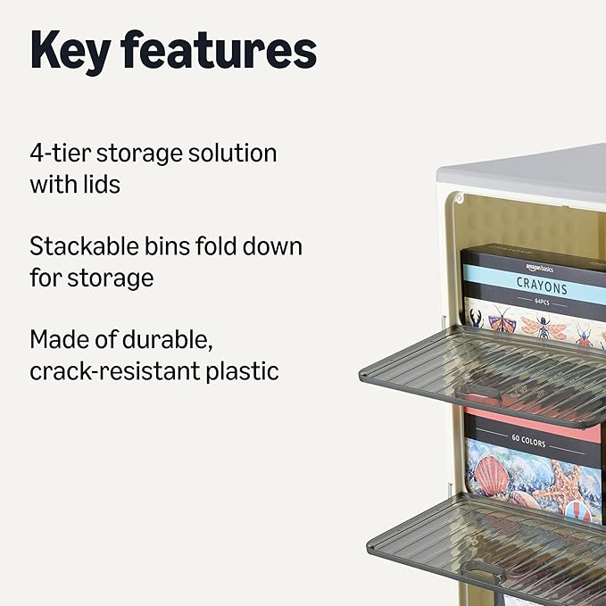 Amazon Basics 4-Tier Storage Bins with Lids, Stackable and Collapsible, 23QT per Tier, 92QT Total Capacity