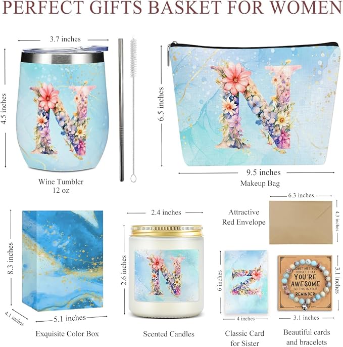 Personalized Gifts Monogrammed Birthday Gifts for Women, Colleague, Leader Mentor Female Farewell Christmas, Initial Wine Tumbler Makeup Bag Scented Candle Bracelet Set, (Aesthetic Blue Flower N)