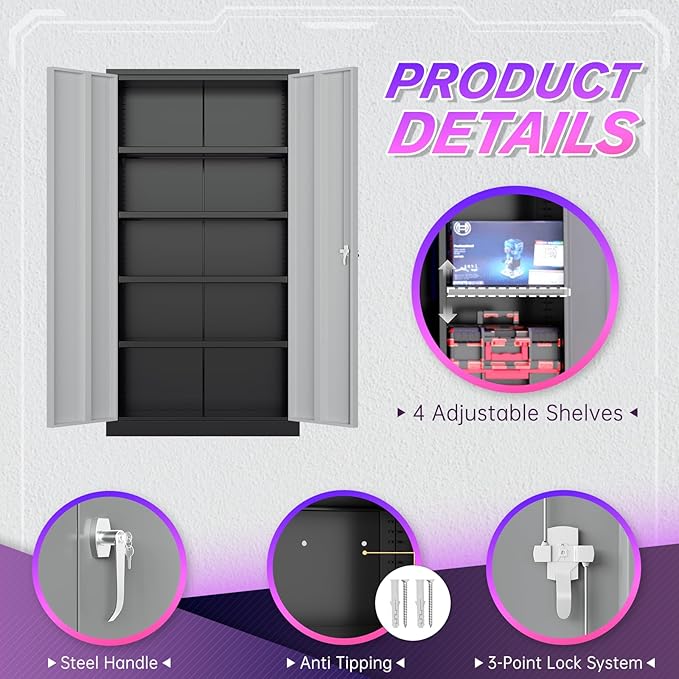 Superday Metal Storage Cabinets, 72" Storage Cabinet with Locking Door, Tall Garage Cabinet with 2 Doors and 4 Adjustable Shelves for Home Office, Classroom, Easy Assemble(Black Grey)