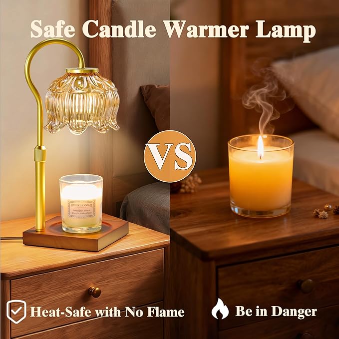 Shevvi Candle Warmer Lamp with Timer, Dimmable Candle Warmer for Jar Candles, Gifts for Women Mom, Height Adjustable Wax Melt Warmer, House Warming Birthday Gift, New Home Decor, Walnut Gold