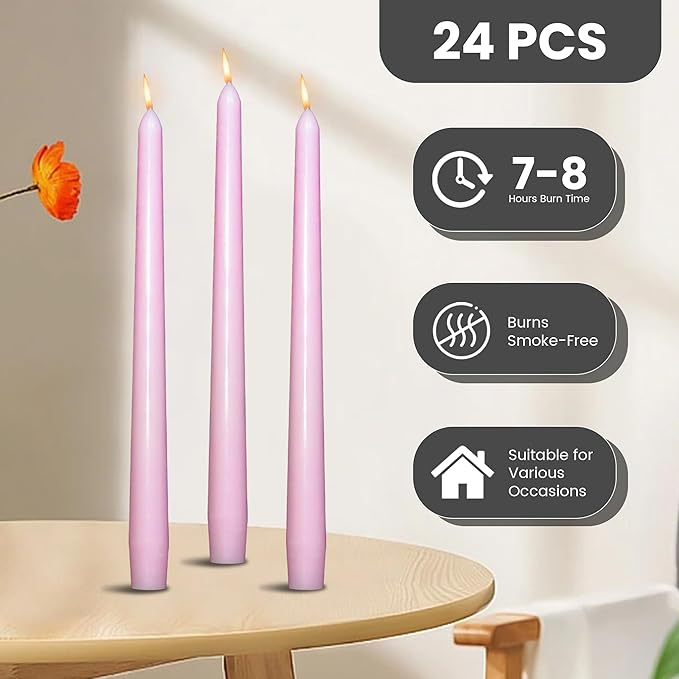 OSHINE 10 Inch Pink Taper Candles - 24 Pack Long Taper Candle Dripless Unscented Smokeless & Emergency 7-8 Hours Long Burning Tall Candlesticks Ideal for Valentine, Weddings, Dinner Parties, Advent