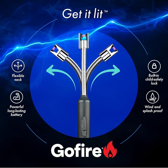 GoFire Rechargeable Electric Lighter - Windproof Flameless Arc, Flexible Neck, USB, Safety Switch