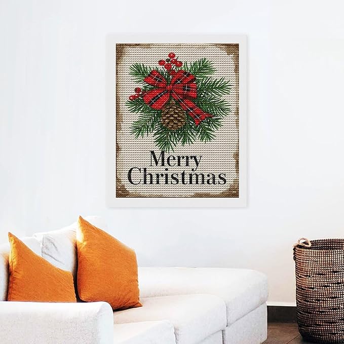 AIVKIEJK Diamond Painting Kits for Adults - Merry Christmas Holly, Pine Cones & Red Plaid Bow Painting DIY 5D Full Drill Diamond Dots Paintings with Diamonds Gem Art and Crafts Home Decor 16"x20"