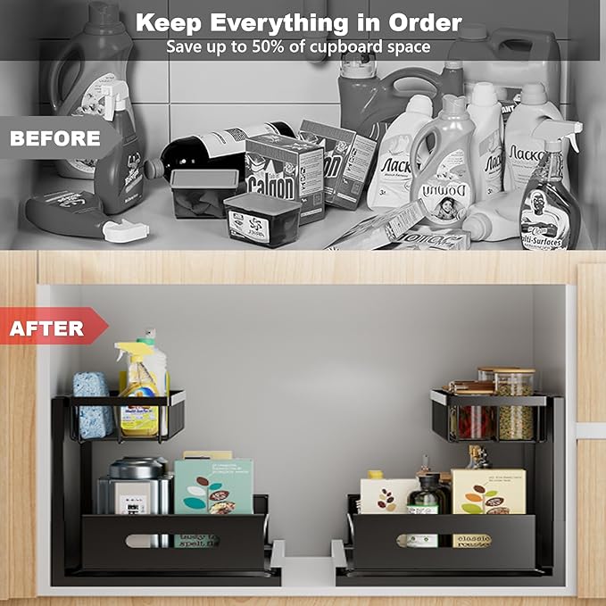 2 Tier Under Sink Organizer, Storage for Kitchen Bathroom,Pull Out Cabinet Organizer Slide Out Sink Shelf Cabinet Storage Shelves (Black, 1 Pack)