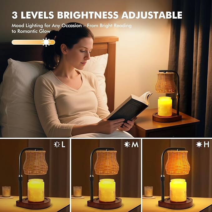Candle Warmer Lamp with Timer & Dimmer - Electric Wax Melt Warmer with Adjustable Height for Scented Candles, Rattan Design for Home Decor, Ideal Gift for Women, Housewarming (Gold)