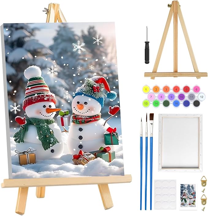 MOGTAA Christmas Paint by Numbers Kit for Adults Beginners with Frame, Snowman Adult Paint by Number Kits on Canvas with Easel, Easy DIY Winter Oil Painting Kits for Home Decor, 8x12in