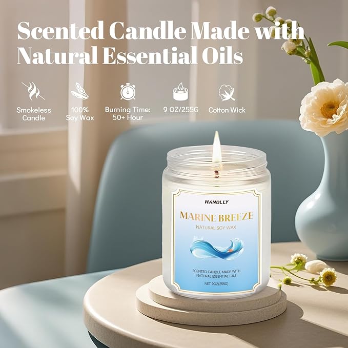 Marine Breeze Candle, 9 oz Scented Candles for Home Soy Candle Wax, Aromatherapy Candles for Women Men, Birthday Christmas Gifts, Perfect for Creating a Calming Ambiance