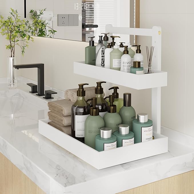 Bamboo Under Sink Organizer and Storage, 2 Tier Pull Out Cabinet Organizer, Slide Out Under Sink Storage Shelf, Undersink Organizers Shelves for Kitchen Bathroom Organization (White, 2 Packs)