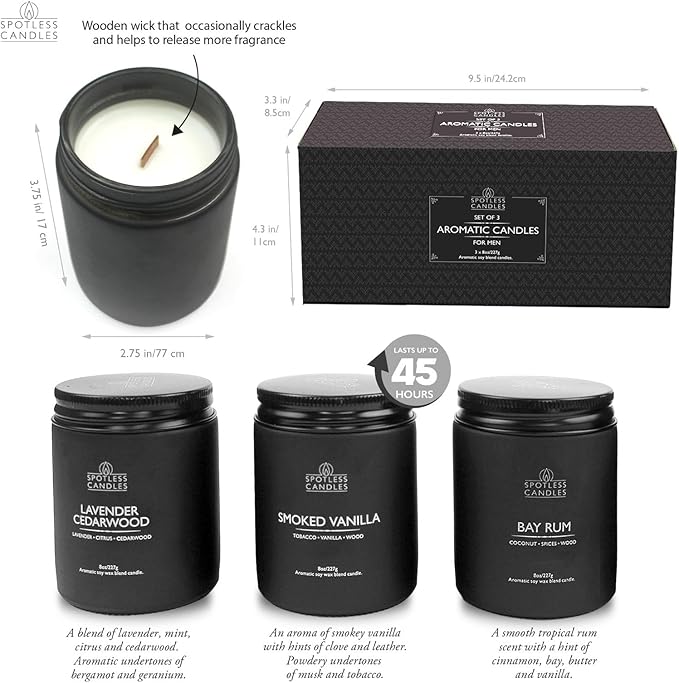 Mens Candle 3 x 8oz Pack Smoked Vanilla Bay Rum and Lavender Cedarwood Scents