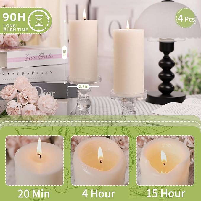 4 Pack Soy White Pillar Candles,Natural Soybean Pillar Candles,360 H Long Lasting Burning-Unscented,Dripless and Smokeless Rustic White Hand-Poured Candles Dinner Table,for Wedding,Home Decor 2.8x6in