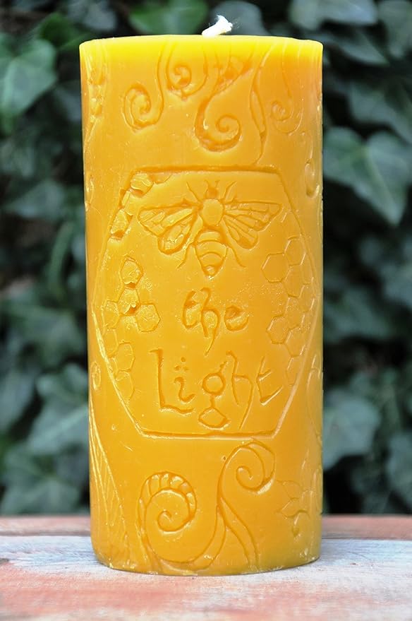 BeeTheLight Beeswax Pillar Candle - 100% Pure Bees Wax - Choose Your Size and Color - 72 Hour Burn Time - Fits 3x6 Holder - Unscented - Natural Honey Scent (BeeTheLight Logo (Yellow), Large)