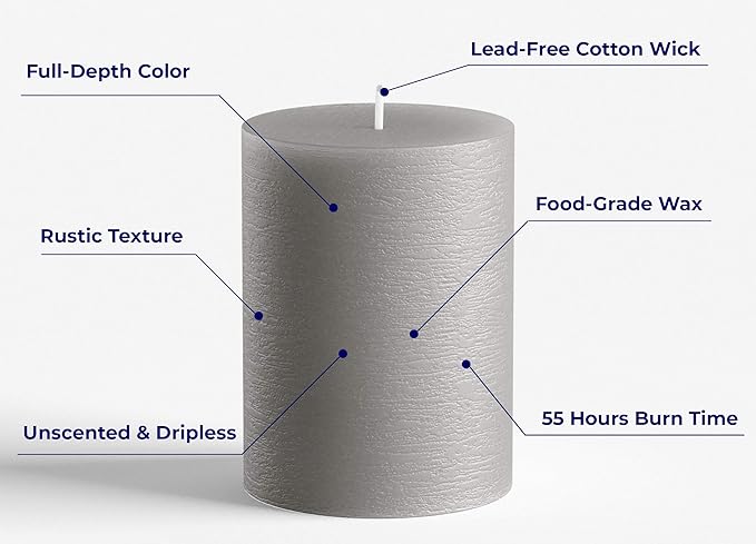 Melt Candle Company Set of 3 Pillar Candles 3" x 4" Unscented Handpoured Weddings, Home Decoration, Restaurants, Spa, Church Smokeless Cotton Wick - Grey