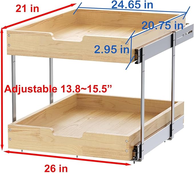 Sikarou Wood Pull Out Cabinet Organizer 2 Tie 26" W x 21" D, Heavy-Duty Sliding Drawers for Inside Cabinets Storage and Organization for Kitchen, Pantry, Bathroom