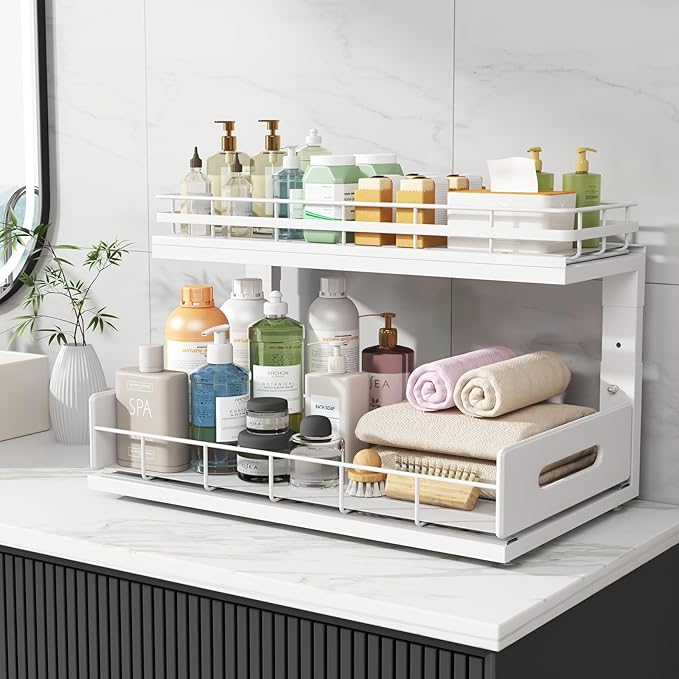 Under Sink Organizer Upgrade To Professional Rails,2-Tier Dual Pull Out Cabinet Storage,Height Adjustable Slide Out Drawers For Bathroom Kitchen,1 Pack-18.5"Dx12.8"-16.9"H,White