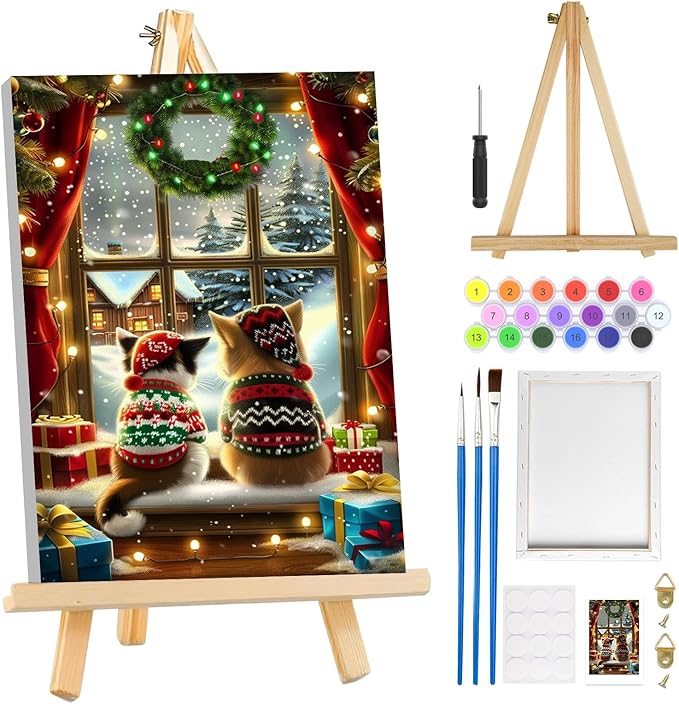 MOGTAA Christmas Cat Paint by Numbers Kit for Adults Beginners with Frame, Winter Adult Paint by Number Kits on Canvas with Easel, Easy DIY Oil Painting Kits for Home Decor, 8x12in