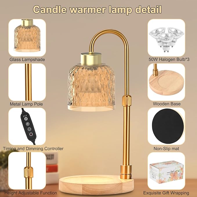 Candle Warmer Lamp with Timer & Dimmer, Adjustable Height Electric Candle Warmer with 3 Bulbs,Compatible with All Size Scented Candles, Wax Melt Warmer for Bedroom,Home Decor House Warming Gifts