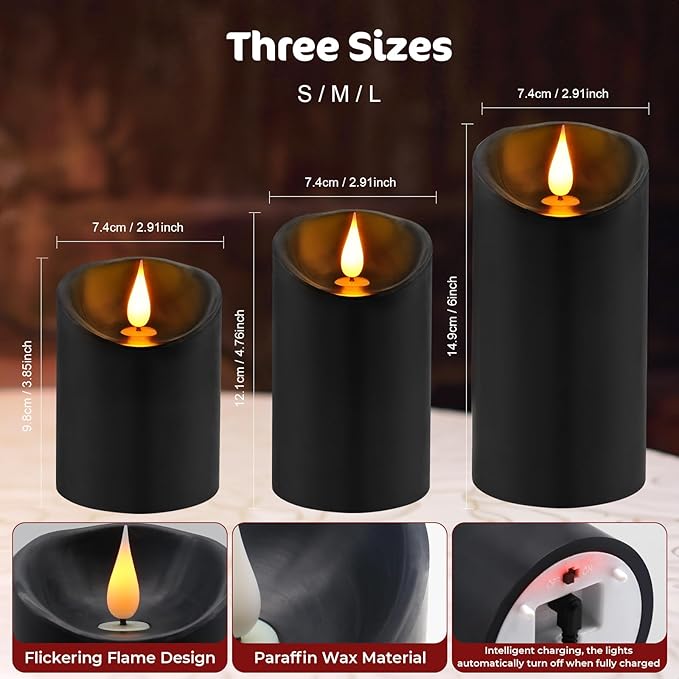 ALED LIGHT Black Real Wax Rechargeable Candles Flickering Realistic,Flameless Candles Rechargeable with Remote for Home Decor Idea Gift，Pack 3(D 3”X H 4”5”6”)