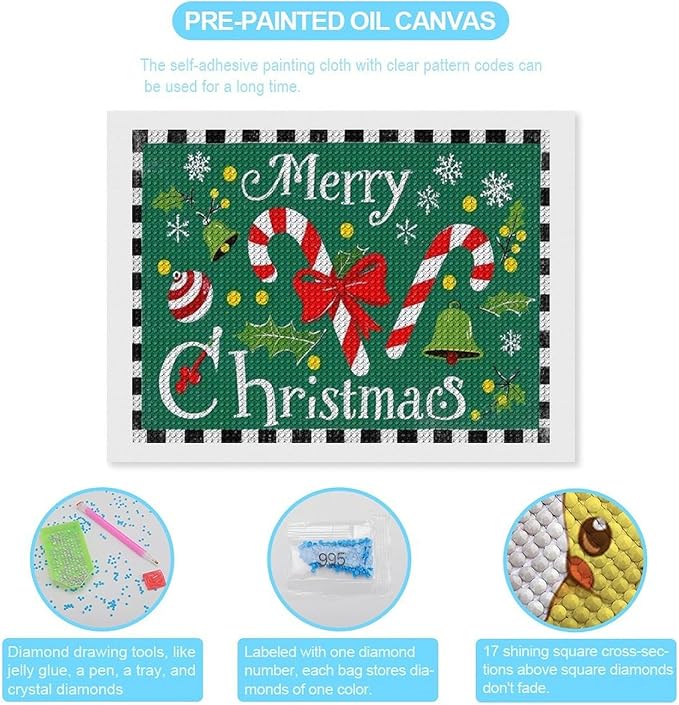 AIVKIEJK Diamond Painting Kits for Adults - Festive Merry Christmas Red Bow, Candy Cane & Bell Painting DIY 5D Full Drill Diamond Dots Paintings with Diamonds Gem Art and Crafts Home Decor 12"x16"