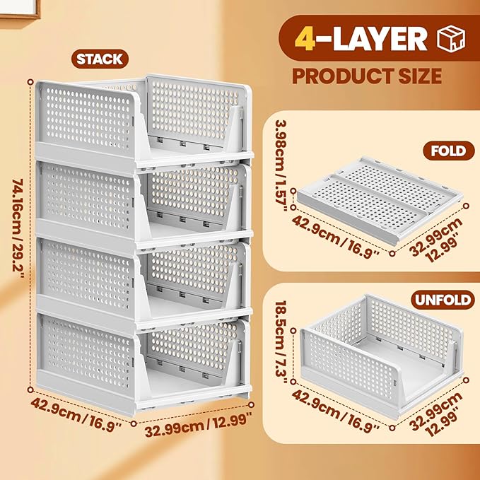 Mavivegue 4 Pack Stackable Closet Storage, Plastic Drawer Basket,Closet Organizers Storage Box for Cupboard,Bedroom, Kitchen, Bathroom, Office White
