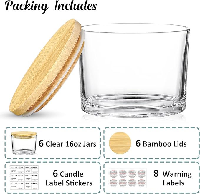 SUPMIND 16oz Candle Jars 6 Pack - 3 Wick Large Empty Clear Glass Candle Making Vessels with Bamboo Lids, with Stickers and Labels, Bulk Candle Jars for Making Candles Containers - Dishwasher Safe
