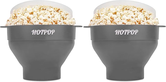 The Original Hotpop Microwave Popcorn Popper, Silicone Popcorn Maker, Collapsible Bowl BPA-Free and Dishwasher Safe- 20 Colors Available (Gray) (Pack of 2)