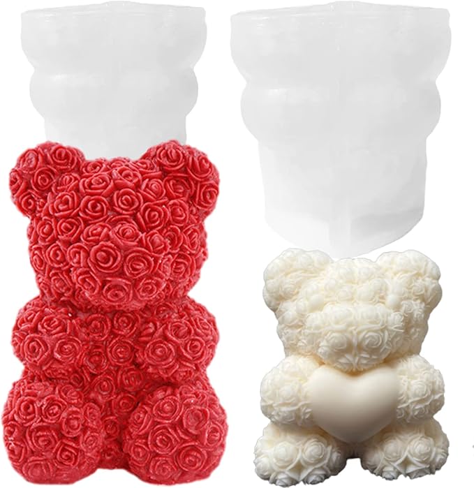 2-Pack 3D Rose Bear Candle Molds, Valentine's Day Silicone Molds, DIY Paint Your Own Heart Bear or Rose Bear Candle, Home Gifts Making Wax Ceramic Clay Mother’s Day Gift Birthday Gift