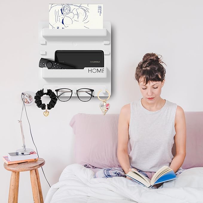 Bedside Shelf Wall Mount,Floating Bedside Adhesive Shelves Accessories,Wall Shelf Organizer and Storage for Bedroom,Camper,Dorm,Apartment-Phone,Earphone,Kindle,Remote Holder,Cable Clip,5 Hooks-White