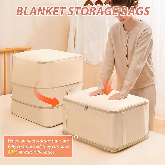 Veki Comforter Storage Bag, Space Saving Self Compression Foldable Blanket Storage Bags, Closet Organizer With Handle and VisualiZation Window, Large capacity 130L for Bedding, Clothes (Apricot XL)