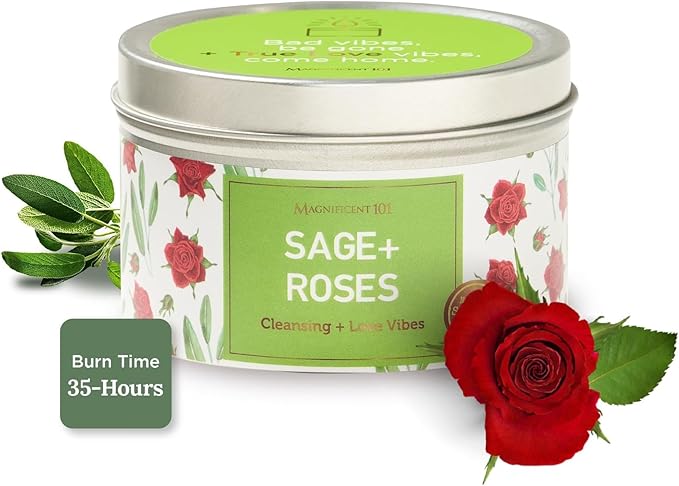 MAGNIFICENT 101 Sage & Roses Aromatherapy Candle for Space Cleansing - 6 oz Soy Wax - 35-Hour Burn - Long-Lasting Fragrance & Manifestation - Meditation Accessory & Spiritual Decor
