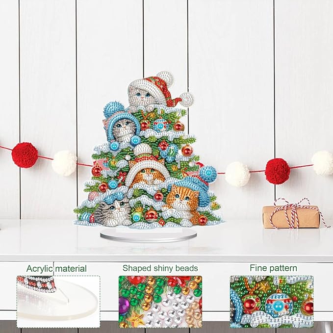 5D Diamond Art Painting Ornament Kits Christmas Tree Cats, DIY Diamond Art Painting Desktop Ornament, Special Shaped Crystal Rhinestone Diamond Art Table Top Home Office Christmas Decor (23.2x24.7cm)