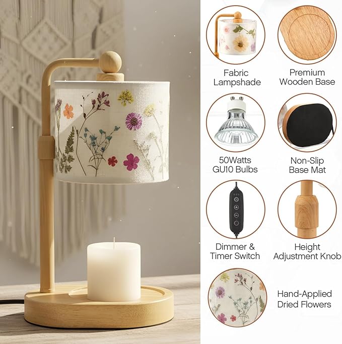 Baquler Pressed Flower Candle Warmer Lamp with Timer Dimmable Adjustable Height Vintage Boho Flower Candle Wax Lamp Housewarming Gifts for Women Mom Birthday Home Bedroom Decor(Boho Style)