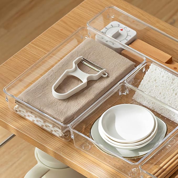Kingrol 4-Pack Clear Drawer Organizer Bins, 15 x 6 x 2 Inch Desk & Kitchen Drawer Dividers for Utensils, Makeup, Jewelry, Office, Craft Supplies - Durable & Non-Slip Storage Containers