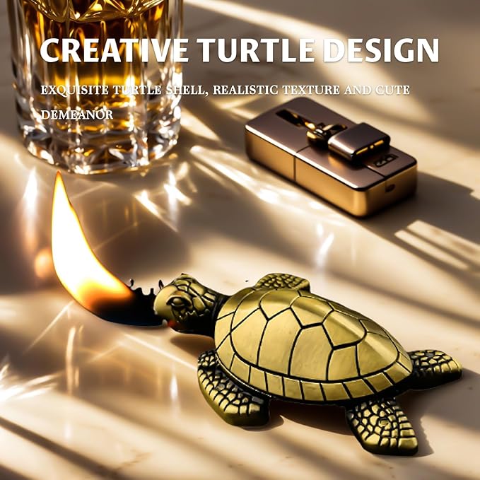 Torch Lighter for Men - Refillable Butane Lighter with Adjustable Jet Flame, Vintage Golden Turtle Design, Unique Desk Decor & Birthday Gift (No Butane Gas) (05)