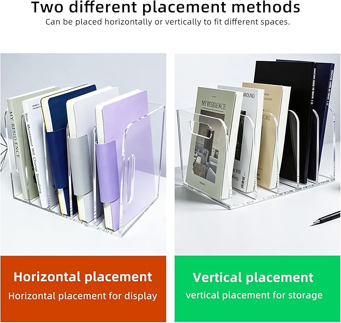 Acrylic Magazine File Holder, 5 Vertical Compartments Desk Document Sorter Organizer, Clear Folder Rack Binder for Office/Documents/Classroom, for Home, Tablet, Magazines, Books & Accessories
