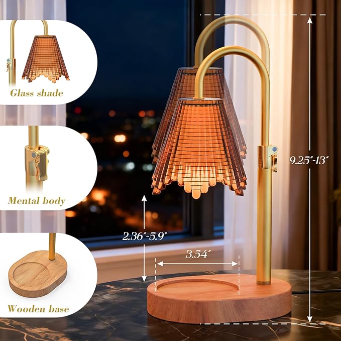 Candle Warmer Lamp with Adjustable Height - Flameless 4-Level Dimmable Wax Warmer with Colorful Glass Shade & Wooden Base, Timer Function & Stylish Design in Multiple Colors (Brown2)