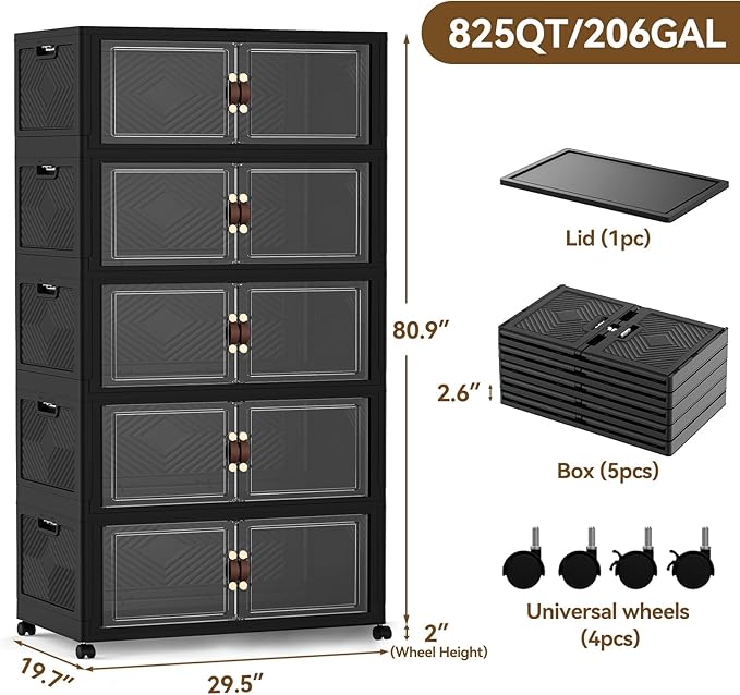 SAILUN 825QT/206Gal Stackable Storage Bins with a Lid, Collapsible Storage Bins With Doors, Folding Cabinet for Home Closet Organization,5 Pack-30 W x 19.7" D x 80.9" H Black