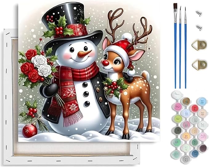 TCDZMYGS Christmas Paint by Numbers Kit for Adults Beginner,Snowman Deer Paint by Number Kits with Frame,DIY Acrylic Oil Painting by Numbers for Home Wall Decor 10 x 10 inch