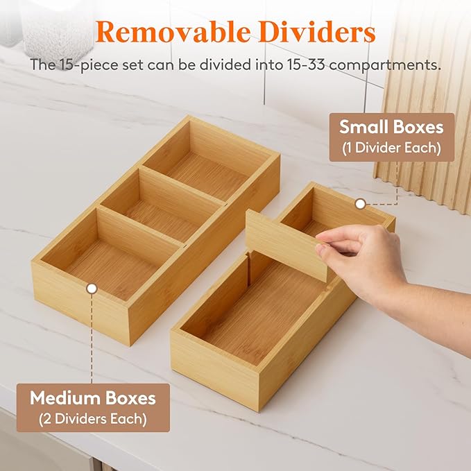 Lifewit Drawer Organizer 15 Pack(33 Grid) with 18 Inserts, Wooden Adjustable Desk Drawer Divider Trays, Storage Bins for Makeup, Kitchen Utensils, Vanity Accessories in Office/Bathroom/Bedroom