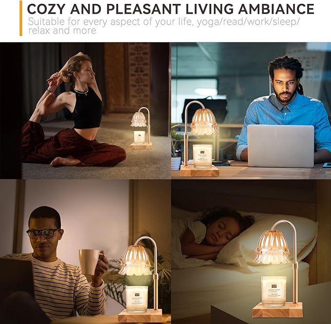 TOACSUCP Candle Warmer Lamp with 3 Bulbs, Adjustable Height Dimmable Candle Warmer with Timer, Compatible with Large Jar Candles, Flower Candle Warmer with Charming Gift Box Ribbon(Light Yellow)