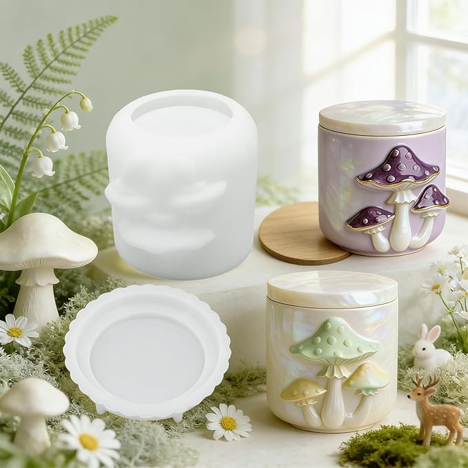 1Pc Mushroom Jar Resin Mold Silicone 3D Exquisite Epoxy Casting Mold with Lid for DIY Jewelry Organizer Trinket Storage Box Candy Container Candle Jar Flowerpot Cement Crafts Home Decoration