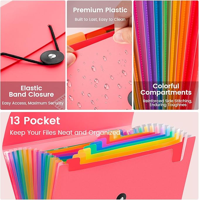 13 Pocket Accordion File Organizer with Elastic Closure, Expanding File Folder for Letter Size A4 Papers, Ideal for Home, Office Supplies, College Essentials - Pink