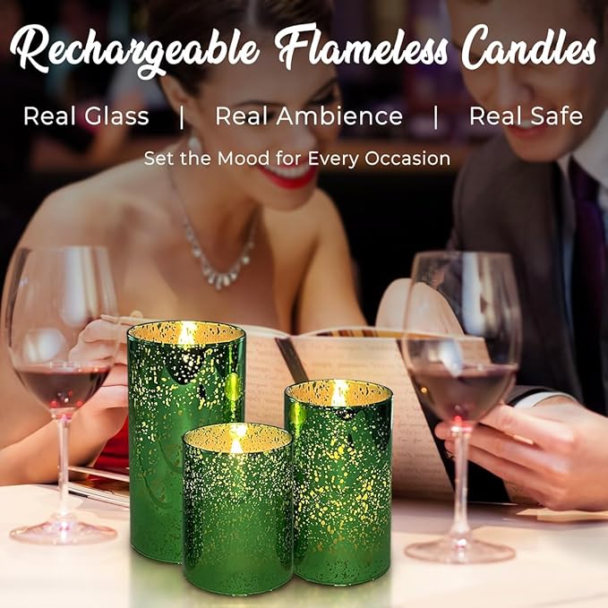 Rechargeable Flameless Candle, Flickering LED Pillar Glass Fake Candle with Remote and Timer, Built-in Battery Real Wax Electronic Candle for Room Decoration, Set of 3