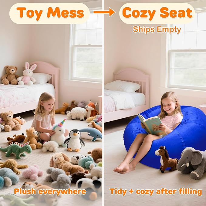 Lukeight Stuffed Animals Storage Bean Bag Chair Cover Only (Ships Empty, No Filling) - Velvet YKK Zipper Beanbag Cover for Kids and Big kids, Washable Plush Toy Organizer, X-Large 30" D x 18" H