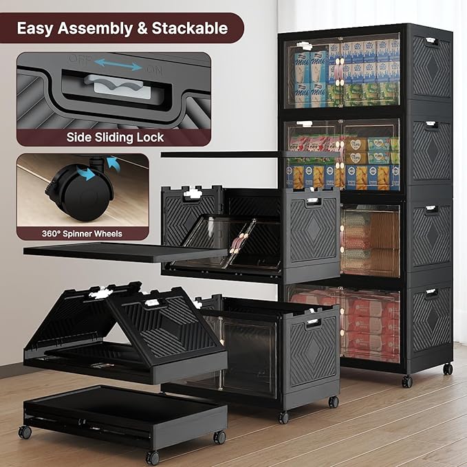 Stackable Storage Bins with Lids, 896QT Closet Organizers and Storage with Doors and Wheels, Extra Large Storage Cabinet, Collapsible Plastic Drawers for Bedroom Dorm Office Garage