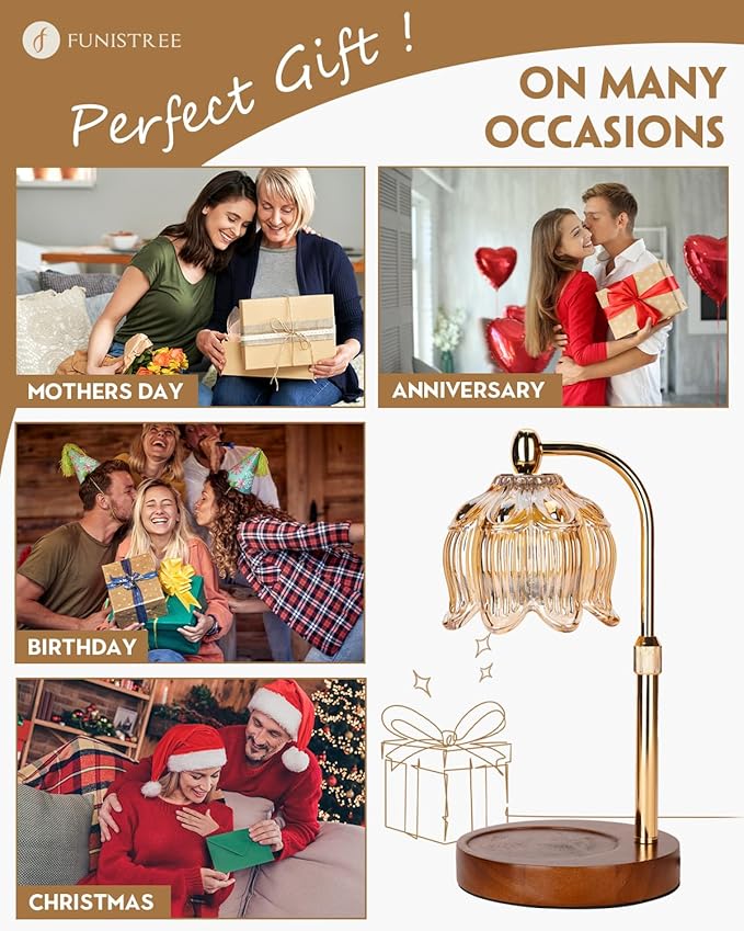 Candle Warmer Lamp with Timer Dimmable, Height Adjustable, Birthday Gifts for Women Mom, Suitable for New Home Decoration, Anniversary Lotus Flower Candle lamp, with 2 Bulbs, Suitable for Jar Candles