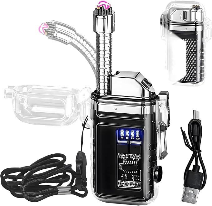 Electric Lighter with 360° Flexible Long Neck Plasma Lighters, LED Battery Display & Flashlight, USB Rechargeable Flameless Arc Windproof Lighters for Candle, Outdoor, Camping, Survival (Black)